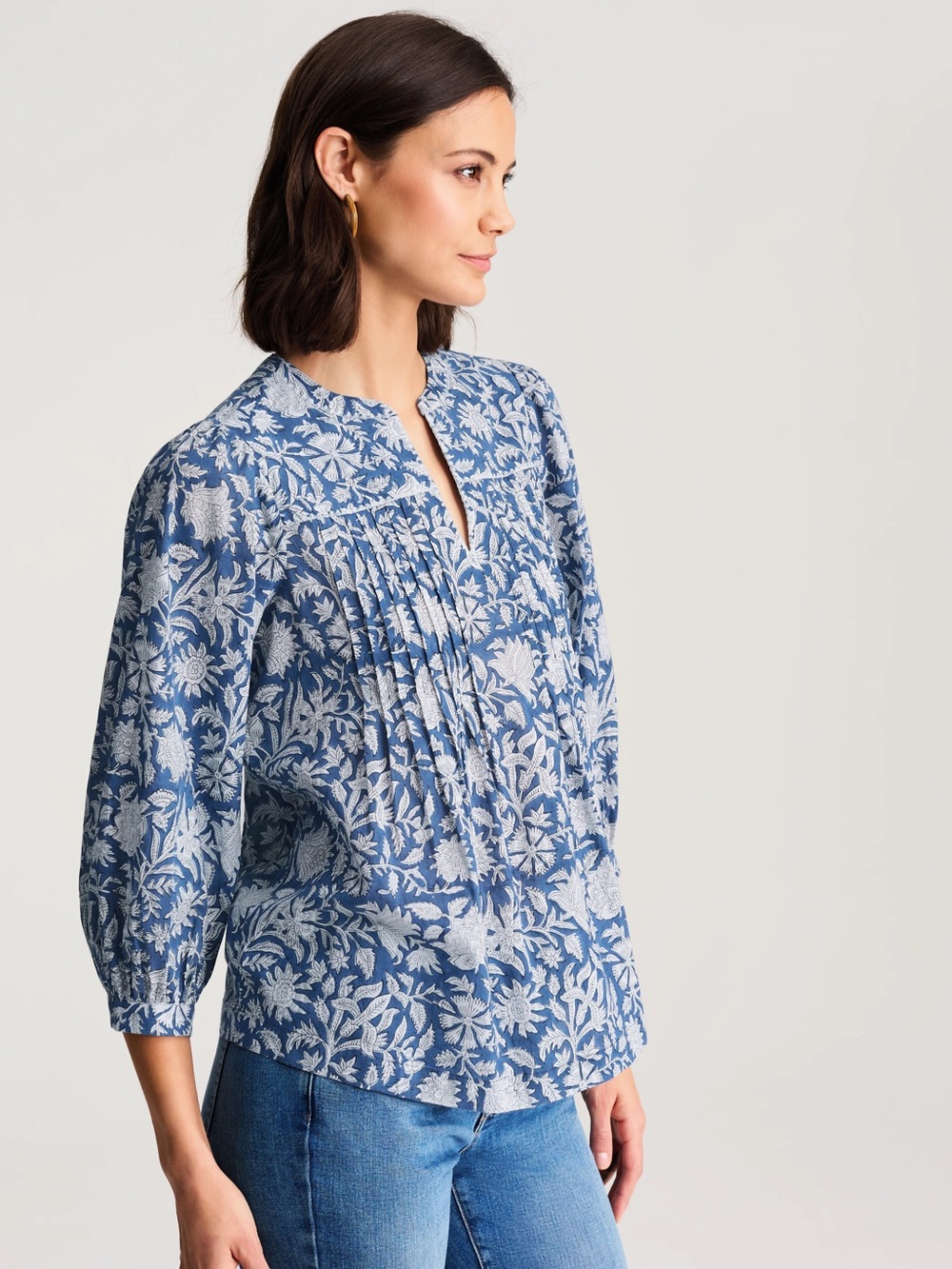 Purely Jill Block Printed Pintuck Blue & White Top Petite Large